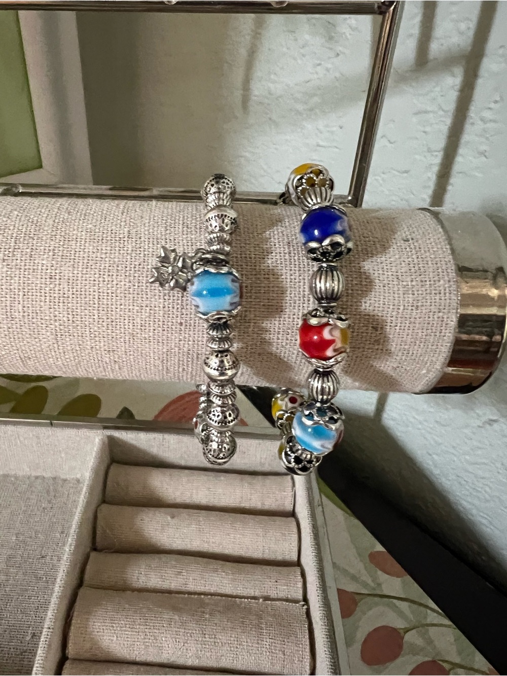 Patricia Nash Silver Stretch Bracelets Blue, Red, and Yellow Glass Beads #PNBR